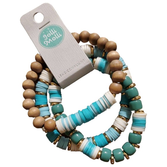 Jolli Molli Bracelet Beaded Turquoise White Brown Gold Stretch Jewelry - Picture 1 of 6
